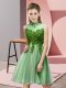 Edgy Apple Green Empire High-neck Sleeveless Tulle Knee Length Lace Up Appliques Bridesmaid Dress