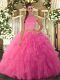 Two Pieces Sweet 16 Quinceanera Dress Hot Pink Halter Top Tulle Sleeveless Floor Length Backless