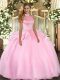 Pretty Pink Ball Gowns Halter Top Sleeveless Tulle Floor Length Backless Beading and Ruffles Sweet 16 Dresses