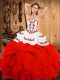Dynamic Sleeveless Floor Length Embroidery and Ruffles Lace Up 15th Birthday Dress with White And Red