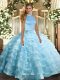 Sleeveless Organza Floor Length Backless Sweet 16 Quinceanera Dress in Baby Blue with Beading and Ruffled Layers