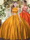 Sexy High-neck Sleeveless Quince Ball Gowns Floor Length Ruching Orange Tulle