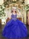 Adorable Tulle Straps Sleeveless Lace Up Beading and Ruffles Pageant Dress in Blue