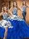 Cheap Sweetheart Sleeveless Satin and Organza Quince Ball Gowns Embroidery and Ruffles Lace Up