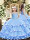Excellent Aqua Blue Lace Up Straps Beading and Ruffled Layers Little Girls Pageant Dress Organza Sleeveless