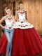 Ideal White And Red Halter Top Lace Up Embroidery Sweet 16 Quinceanera Dress Sleeveless