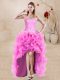 Customized A-line Prom Evening Gown Rose Pink Sweetheart Organza Sleeveless High Low Lace Up