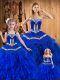 Colorful Royal Blue Sleeveless Floor Length Embroidery and Ruffles Lace Up Quince Ball Gowns