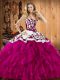Adorable Fuchsia Sleeveless Satin and Organza Lace Up Quinceanera Gown for Military Ball and Sweet 16 and Quinceanera