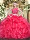 Floor Length Red Quinceanera Gowns Tulle Sleeveless Beading and Ruffles