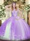 High End Floor Length Backless 15th Birthday Dress Lavender for Military Ball and Sweet 16 and Quinceanera with Lace and Ruffles