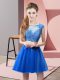 Blue Two Pieces Tulle Scoop Sleeveless Appliques Mini Length Zipper Prom Evening Gown