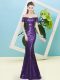 Elegant Purple Off The Shoulder Zipper Sequins Prom Dress Short Sleeves