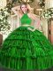 Elegant Green Ball Gowns Beading and Ruffled Layers Quinceanera Dress Backless Organza Sleeveless Floor Length