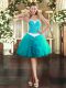 Aqua Blue Tulle Lace Up Homecoming Dress Sleeveless Mini Length Appliques and Ruffles