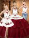 Sweep Train Three Pieces Sweet 16 Dress Wine Red Halter Top Satin and Organza Sleeveless With Train Lace Up