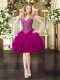 Luxury Fuchsia Ball Gowns V-neck Sleeveless Organza Mini Length Lace Up Beading and Ruffles Prom Evening Gown