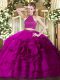 Fuchsia Halter Top Backless Beading and Ruffles 15th Birthday Dress Sleeveless
