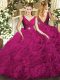 Fuchsia Ball Gowns Organza and Fabric With Rolling Flowers V-neck Sleeveless Beading Floor Length Backless Quinceanera Gowns