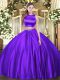 Inexpensive High-neck Sleeveless Criss Cross 15th Birthday Dress Eggplant Purple Tulle