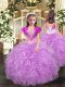 Lilac Ball Gowns Beading and Ruffles Kids Formal Wear Lace Up Organza Sleeveless Floor Length