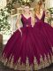 Enchanting Burgundy V-neck Backless Beading and Appliques and Ruching Vestidos de Quinceanera Sleeveless
