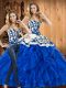 Blue Sleeveless Floor Length Embroidery and Ruffles Lace Up Quinceanera Dresses