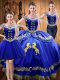 Beauteous Off The Shoulder Sleeveless Quinceanera Gown Floor Length Embroidery Royal Blue Satin and Organza