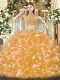 Fancy Sleeveless Tulle Floor Length Backless Quince Ball Gowns in Gold with Beading and Ruffles