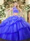 Tulle High-neck Sleeveless Backless Beading and Ruffles and Pick Ups 15th Birthday Dress in Blue