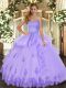 Decent Lavender Tulle Lace Up Sweetheart Sleeveless Floor Length Sweet 16 Dresses Beading and Appliques and Ruffles
