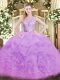 Lilac Ball Gowns Lace and Ruffles Quinceanera Dress Backless Organza Sleeveless Floor Length