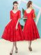 Hot Selling Red Empire Lace V-neck Half Sleeves Bowknot Tea Length Lace Up Vestidos de Damas