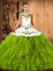 Olive Green Satin and Organza Lace Up Halter Top Sleeveless Floor Length 15th Birthday Dress Embroidery and Ruffles