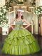 Beauteous Olive Green Ball Gowns Straps Sleeveless Organza Floor Length Lace Up Appliques and Ruffled Layers Girls Pageant Dresses