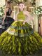 Glorious Beading and Embroidery and Ruffles Quinceanera Gowns Olive Green Backless Sleeveless Floor Length