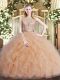 Champagne Ball Gowns Tulle Scoop Sleeveless Beading and Ruffles Floor Length Backless Vestidos de Quinceanera