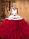 Fine Satin and Organza Halter Top Sleeveless Lace Up Embroidery and Ruffles 15 Quinceanera Dress in Red