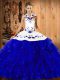 Blue And White Satin and Organza Lace Up Halter Top Sleeveless Floor Length 15 Quinceanera Dress Embroidery and Ruffles