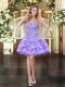 Lavender Organza Lace Up Sweetheart Sleeveless Mini Length Homecoming Dress Appliques and Ruffled Layers