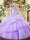 Traditional Lavender Zipper Bateau Beading and Ruffles and Pick Ups Quinceanera Gown Tulle Sleeveless