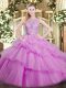 New Style Lilac Organza Backless Quince Ball Gowns Sleeveless Floor Length Lace and Ruffled Layers