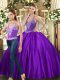 Inexpensive Floor Length Purple Quince Ball Gowns Tulle Sleeveless Beading