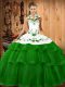 Green Ball Gowns Embroidery and Ruffled Layers Sweet 16 Quinceanera Dress Lace Up Organza Sleeveless