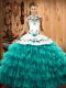 Fine Turquoise Halter Top Neckline Embroidery and Ruffled Layers 15th Birthday Dress Sleeveless Lace Up