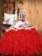 Red Sweetheart Lace Up Embroidery and Ruffles 15 Quinceanera Dress Sleeveless