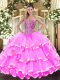 Superior Floor Length Rose Pink Ball Gown Prom Dress Organza Sleeveless Beading and Ruffled Layers
