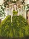 Lovely Halter Top Sleeveless Sweet 16 Dress Floor Length Ruffles Olive Green Organza