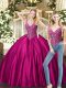 Fuchsia Two Pieces Beading Quinceanera Dresses Lace Up Tulle Sleeveless Floor Length