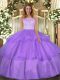 Lavender Ball Gowns Organza Scoop Sleeveless Lace and Ruffled Layers Floor Length Clasp Handle Ball Gown Prom Dress